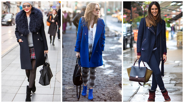 синее пальто с чем носить, синее женское пальто